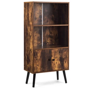 2-Tier Retro Bookcase Bookshelf w/3 Compartment&2 Doors Industrial Cabinet - Picture 1 of 12