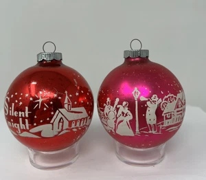 Vintage 2 Weihnachten glänzend Brite rosa rot Stille Nacht Karoler Schablone Ornament - Bild 1 von 12
