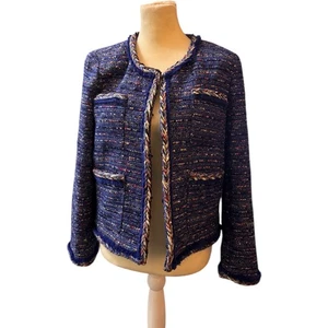 J.Crew Lady Jacket in Cobalt Rainbow Tweed Braided Trim Fringe 12 , $248 - Picture 1 of 6