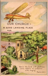 Avión sobre iglesia en el día del rally Salmos 100:2 arte postal sin usar - Imagen 1 de 2