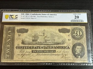 1864 $20 Confederate States Of America Note T-67 PF-4 CR-506 Series 2 PCGS VF20 - Picture 1 of 8