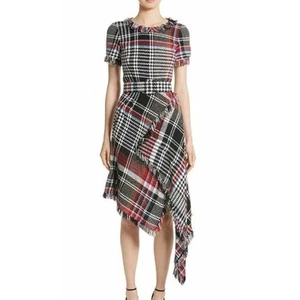Oscar de la Renta Black Red Renta Plaid Asymmetrical Belted Tweed Dress Womens 6 - Picture 1 of 6