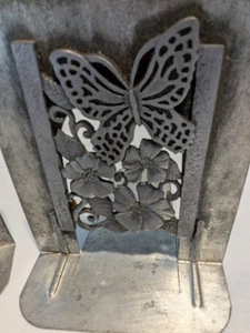 Set signierte Metzke Zinn Buchstützen mit Schmetterling/ Blumen. Patina Look 1980 - Bild 1 von 7