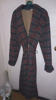 LL Bean 💯  Cotton Plush Sherpa Lined Robe  Plaid Size L Tall Tie Belt Great! - Image 1 of 4
