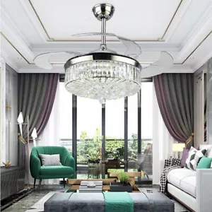 42" Crystal Chandelier Light Fixture 3-Color LED 3-Speed Retractable Ceiling Fan - Picture 1 of 17
