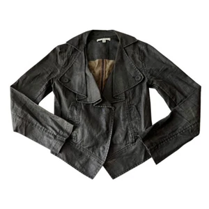 Womens Cabi XS Charcoal Gray Waxed Linen Moto Jacket 901 Ruffle Snap Front - Picture 1 of 6