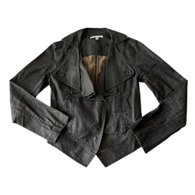 Womens Cabi XS Charcoal Gray Waxed Linen Moto Jacket 901 Ruffle Snap Front - Image 1 of 4