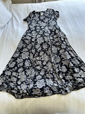 Vestido maxi vintage Laura Ashley azul marinho cinza floral serve no Reino Unido 12 para reparo 1990 - Imagem 1 de 4