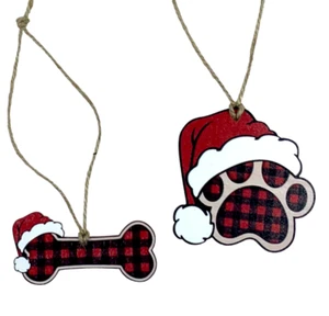 Paw and Bone Santa Hat Wood Ornaments Buffalo Plaid Dog Pet Christmas Tree Gift - Picture 1 of 24