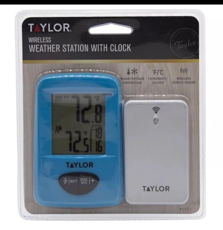 TAYLOR WEATHER STATION w/ CLOCK WIRELESS 100FT, Blue , 1511AST1 New - Image 1 of 2
