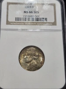 1943 D Jefferson Silver War Nickel ~ NGC MS66 5FS ~ 5 FULL STEPS Great Toning ☆ - Picture 1 of 7