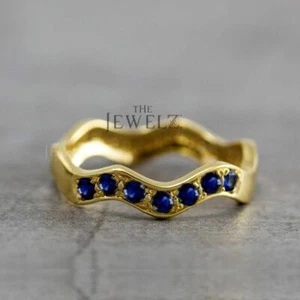 14K Gold 0.30 CTGenune Blue Sapphire Gemstone Wave Design Valentine's Ring - Picture 1 of 5