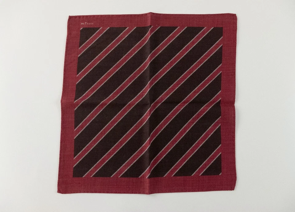 KITON Napoli Borgoña Marrón Hecho a Mano Rayas Diagonales Lana Bolsillo Pañuelo Foto 1 de 3