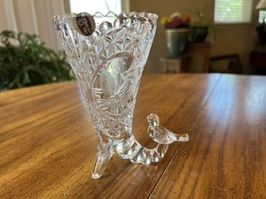 Vintage Hofbauer Byrdes W Germany Crystal Cornucopia Horn Vase Etched Birds 6" - Picture 1 of 12