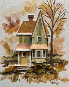 Wood Canvas Watercolor Craftsman House Painting Signed Rockwell 77 3D Folk Art - Picture 1 of 9