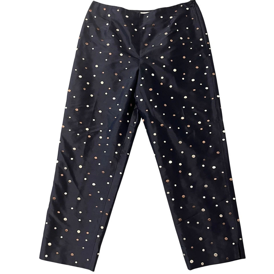 Calça Talbots 8 azul marinho seda pura cropped foil dot bordado totalmente forrado cintilante - Imagem 1 de 4