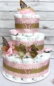 3 Tier Pink / Gold Butterfly Diaper Cake Baby Shower Girl - Picture 1 of 2