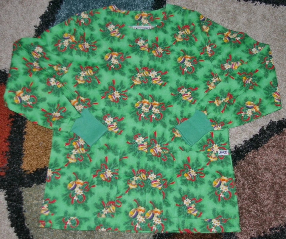 Christmas Warm up Jacket 2 bottom Pockets Knit Cuffs Jingle bells Print Sz XS - Image 1 of 4