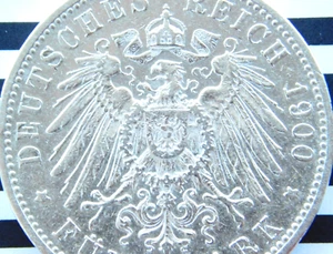 GERMAN 5 Mark 1900 F States WURTTEMBERG WILHELM II. 90% Silver Coin WW1 + RARE + - Picture 1 of 8