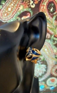 VINTAGE CLASSIC EARRINGS Clip On 70/80s Gold Tone ENAMEL Abstract Triangle Blue - Picture 1 of 12