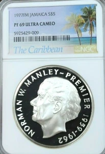 1977 JAMAICA SILVER 5 DOLLARS NORMAN W MANLEY NGC PF 69 ULTRA CAMEO TOP POP - Picture 1 of 4