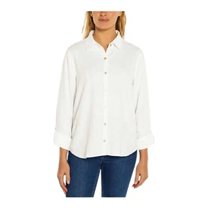 Orvis Linen Blend Shirt Top Ladies Large White Button Down Long Sleeve Roll Tab - Picture 1 of 16