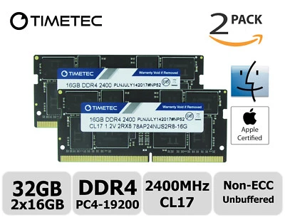 Timetec 2x16GB DDR4 2400MHz PC4-19200 Non-ECC 1.2V 2Rx8 SODIMM Laptop Memory RAM - Image 1 of 2