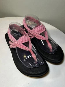 Sanuk Yoga Sling Back Thong Sandals Pink & White Striped Womens Size 10 - Picture 1 of 4