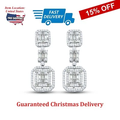 Pendientes colgantes de plata 925 con halo de diamantes simulados corte redondo baguette de 15 quilates Foto 1 de 4