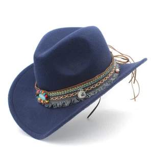 Adult Wool Blend Wide Brim Western Cowboy Hat Cowgirl Caps Bohemia Tassel Ribbon - Picture 1 of 24