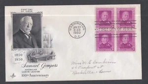 USA 1950 FDC 100th ANNIV OF LABOR SAMUEL GOMPERS BLOCK OF 4 + CACHET - Picture 1 of 1