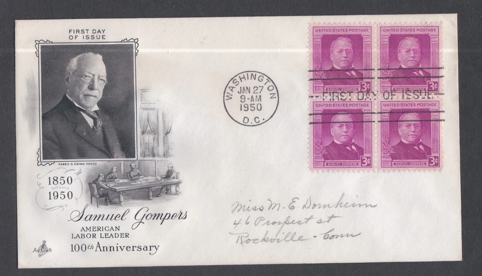 USA 1950 FDC 100th ANNIV OF LABOR SAMUEL GOMPERS BLOCK OF 4 + CACHET - Image 1 of 1