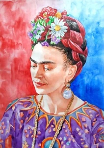 11,69 × 16,53" Frida Kahlo ~Red and Blue~ watercolor SIGNED/DATED - Picture 1 of 1