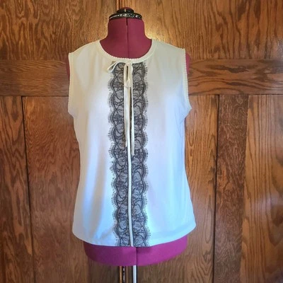Karl Lagerfeld Paris Tank Top Womens Size L Lace Detail Ruffle Collar Tie Detail - Image 1 of 4