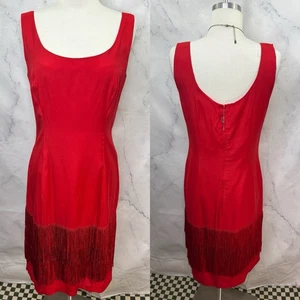 Vintage 70s Red Fringe Dress Flapper Evening Party Sheath Sleeveless Cocktail L - Picture 1 of 19