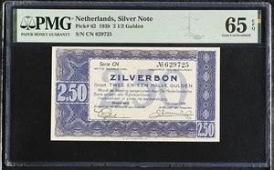 NETHERLANDS 2 1/2 2.5 GULDEN 1938 P62 PMG 65 GEM UNC EPQ DUTCH SILVER NOTE CN - Picture 1 of 2