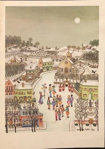 Vintage Weihnachtsgrußkarte schönes malerisches Dorf Menschen feiern Vollmond - Bild 1 von 2