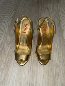 Michael Kors Gold Metallic Wedge-4.5"H Open Toe Sling Back Sandal Size 7.5M - Picture 1 of 11
