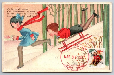 #3013 Children Sledding Maxi Card Vintage Dutch PC w/Snow Hill Cancel - Image 1 of 2