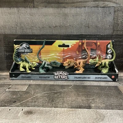 JURASSIC WORLD Bendy Biters 4 件装 Stegosaurus Velociraptor T-Rex Dilophosaurus — 第 1/4 张图片