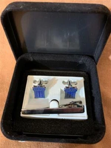 Tardis Novelty Cufflinks Blue Silver Police Box Building Tie Bar w/ Box Dr. Who - Picture 1 of 5