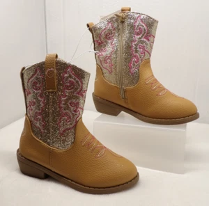Cowboy Boots Toddler Kid Sz 10 Tan Brown Textured Faux Leather Glitter By Pawz - Picture 1 of 5