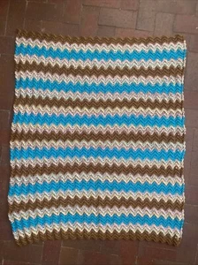 Homemade Handmade Crochet Throw Bed Sofa Blanket Teal Browns Chevrons 38”x 48” - Picture 1 of 7