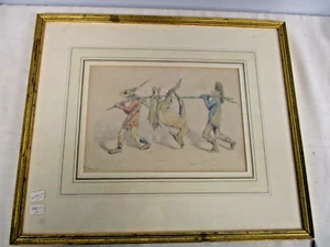 PINTURA ERNEST GRISET ACUARELA de DOS HOMBRES LLEVANDO CIERVO PINTURA FIRMADA ORIG. - Imagen 1 de 5