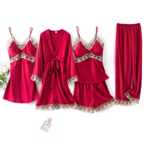 Women Silk Satin Pajamas Set 5Pcs Sleepwear Babydoll Nightwear Lingerie Homewear - Picture 1 of 17