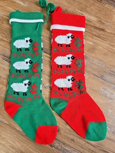 2 Vtg. knit Christmas hanging stockings with rows of sheep red and green 18'' - Picture 1 of 2