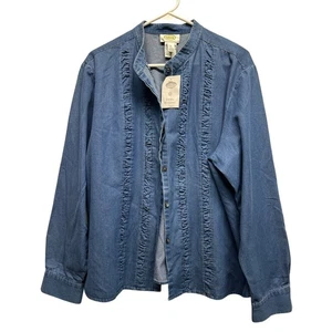 Talbots Women’s Denim Button Front Blouse XL Blue Ruffle Trim 100% Cotton - Picture 1 of 10