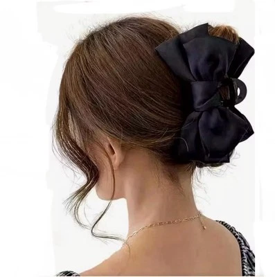 Black Satin Stylish Bow Ribbon Hair Claw Clip All Hair Types Non Slip Hair Tie - Image 1 of 4