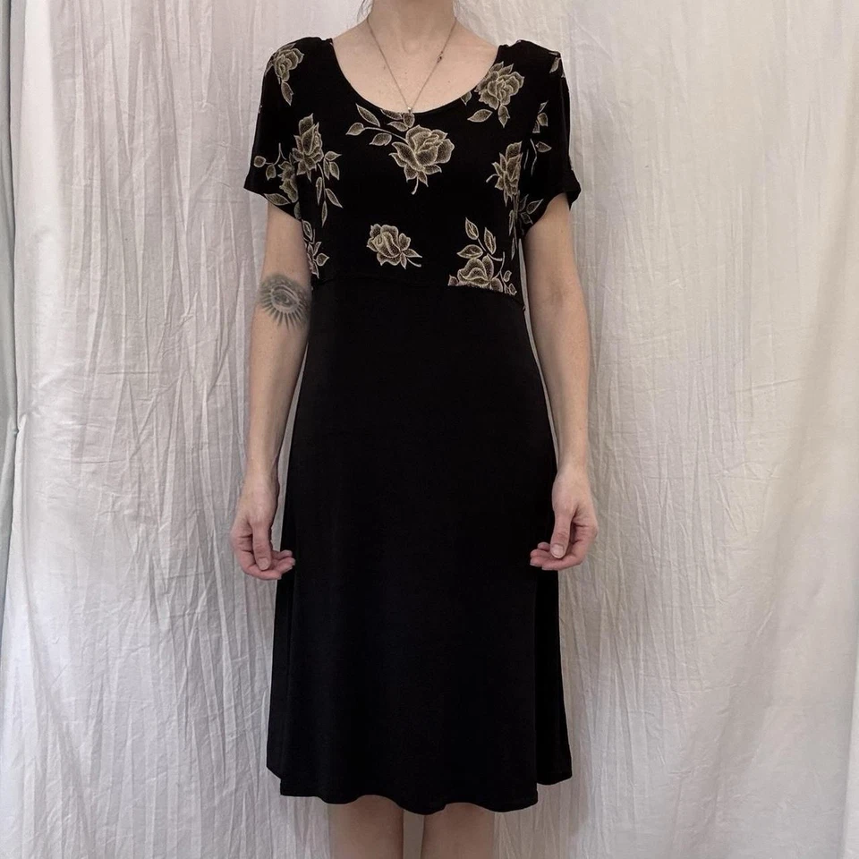 Vestido midi ajustado floral rosa negro y dorado vintage años 90 Molly Malloy M gótico Foto 1 de 4