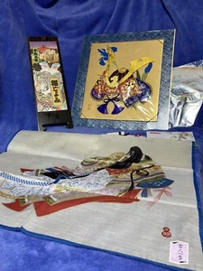Japanese Gift Lot- Helmet Picture Silky Fabric 3D Vintage Fan & Handkerchief - Picture 1 of 17